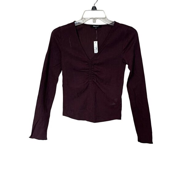 Madewell Semi-Sheer Shirred V-Neck Top in Chocolate Raisin XS mall New Womens - Picture 4 of 9